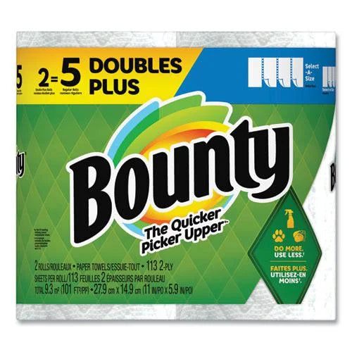 Bounty Select-a-Size Kitchen Roll Paper Towels, 2-Ply, White, 6 x 11, 113 Sheets/Roll, 2 Double Plus Rolls/Pack, 4 Packs/Carton