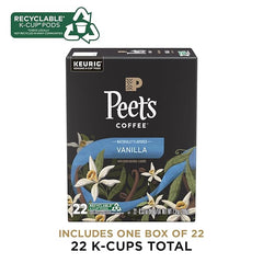 Peet's Coffee, Flavored Light Roast Keurig K-Cup Pods - Vanilla 22 Count (1 Box of 22 K-Cup Pods)