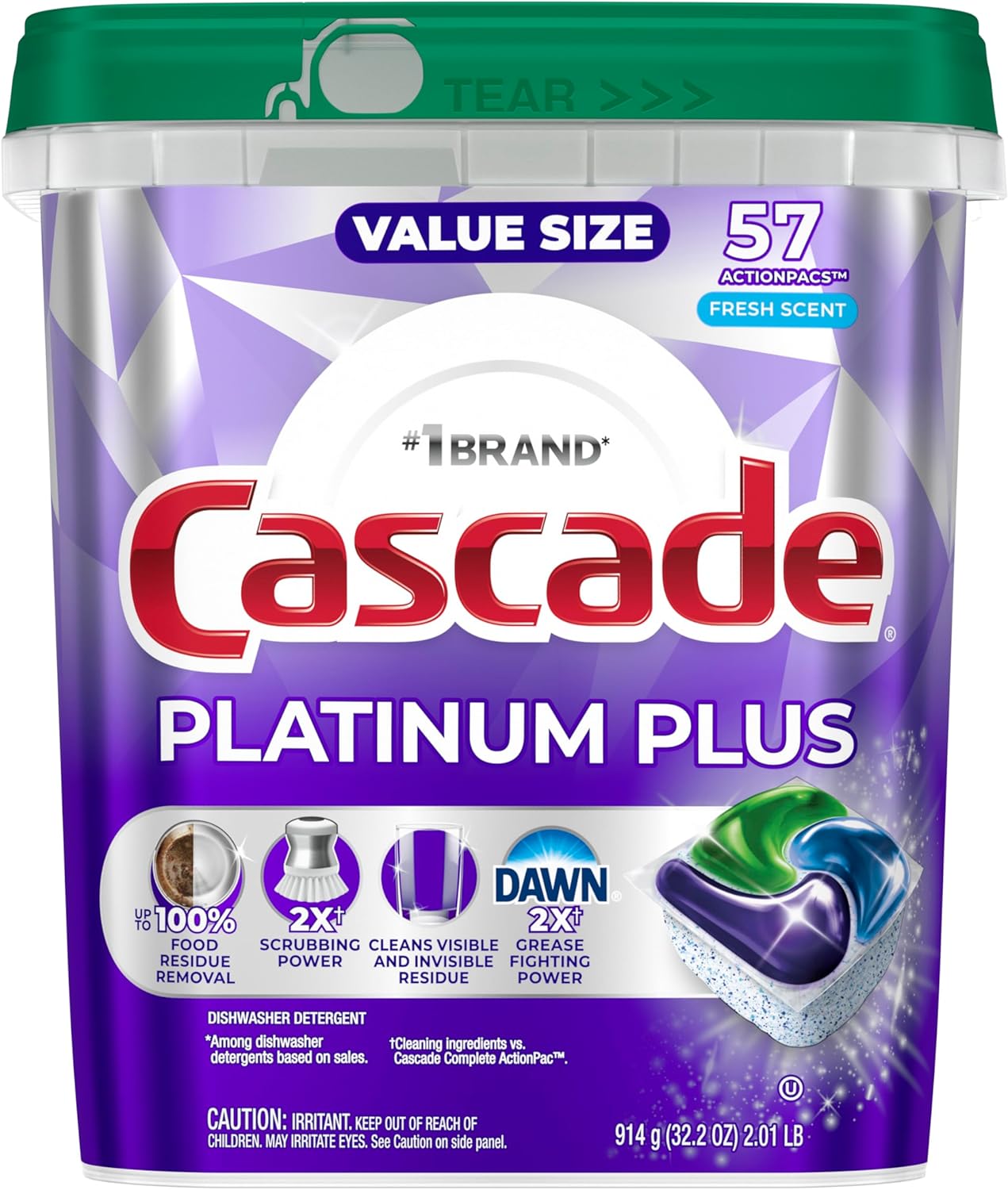 Cascade Platinum Plus Dishwasher Pods, Dishwasher Detergent, Dish Detergent Soap, Fresh, 57 Count