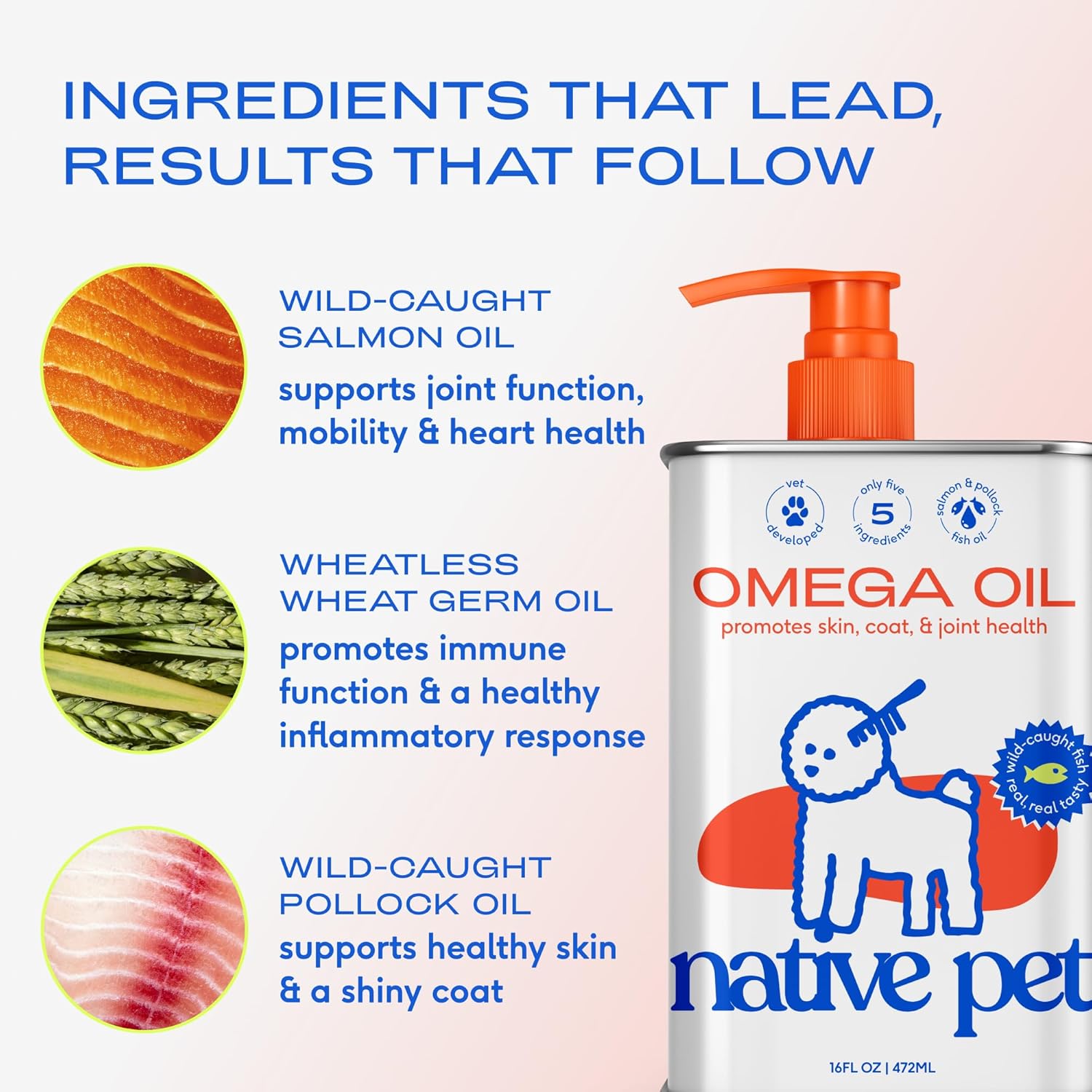 Native Pet Omega 3 Fish Oil for Dogs & Cats - Promotes Healthy Skin, Shiny Coat, & Strong Joints - Made with Wild Alaskan Salmon Oil for Dogs – Tasty, Fast-Absorbing Omega 3 6 9 Liquid Supplement- 8oz